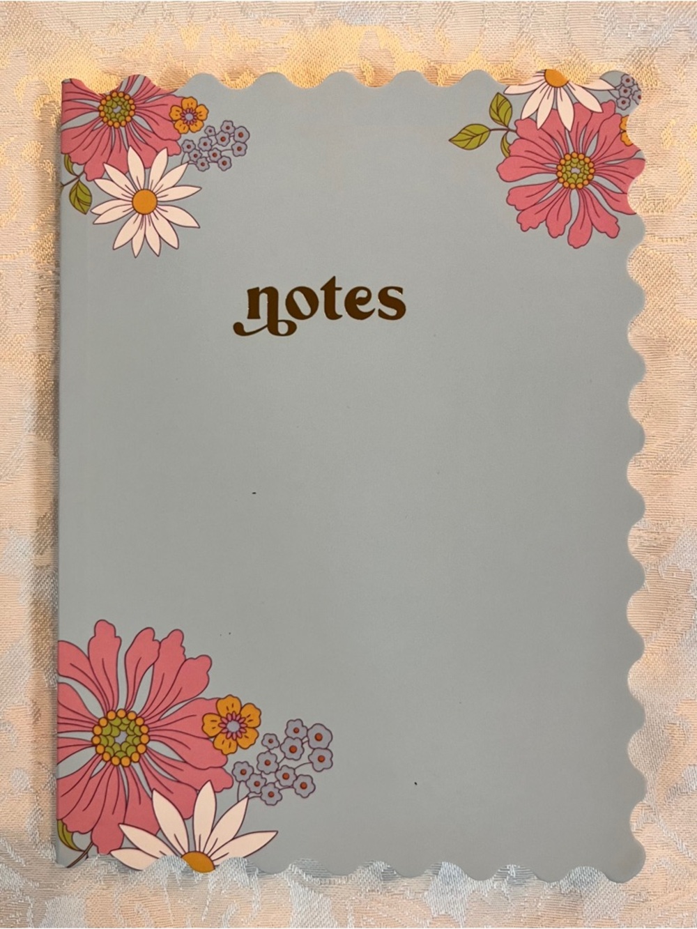 Journal Floral Blue 'Notes' Notebook - Pink & White Accents with Scalloped Edges